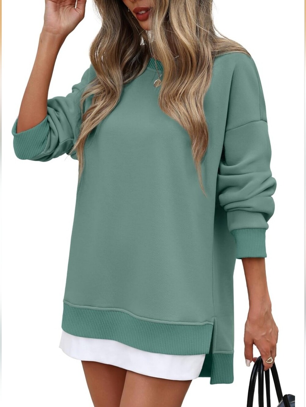 Relaxed Crewneck Sweatshirt Tunic in Sage Green